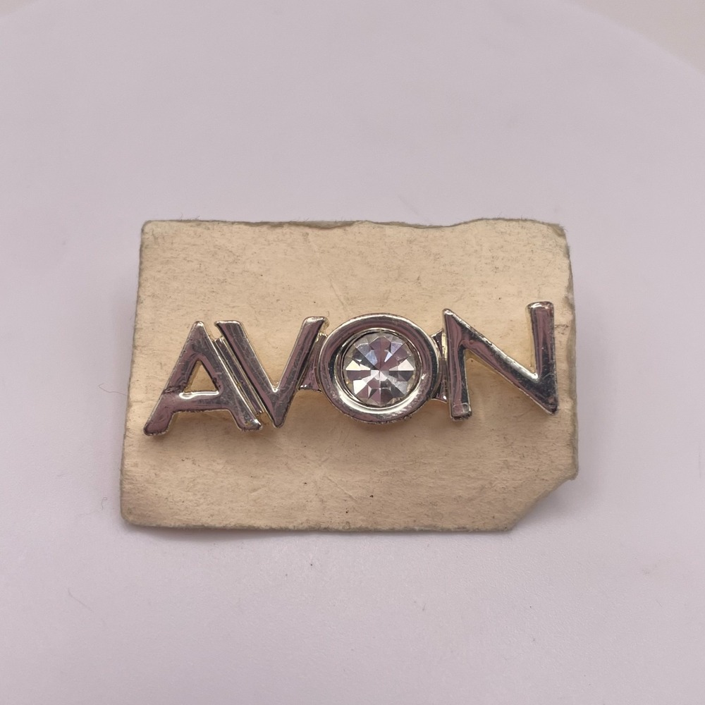 Vintage Avon Silver Tone Rhinestone Letter Logo Spellout Lapel Pin Brooch Retro